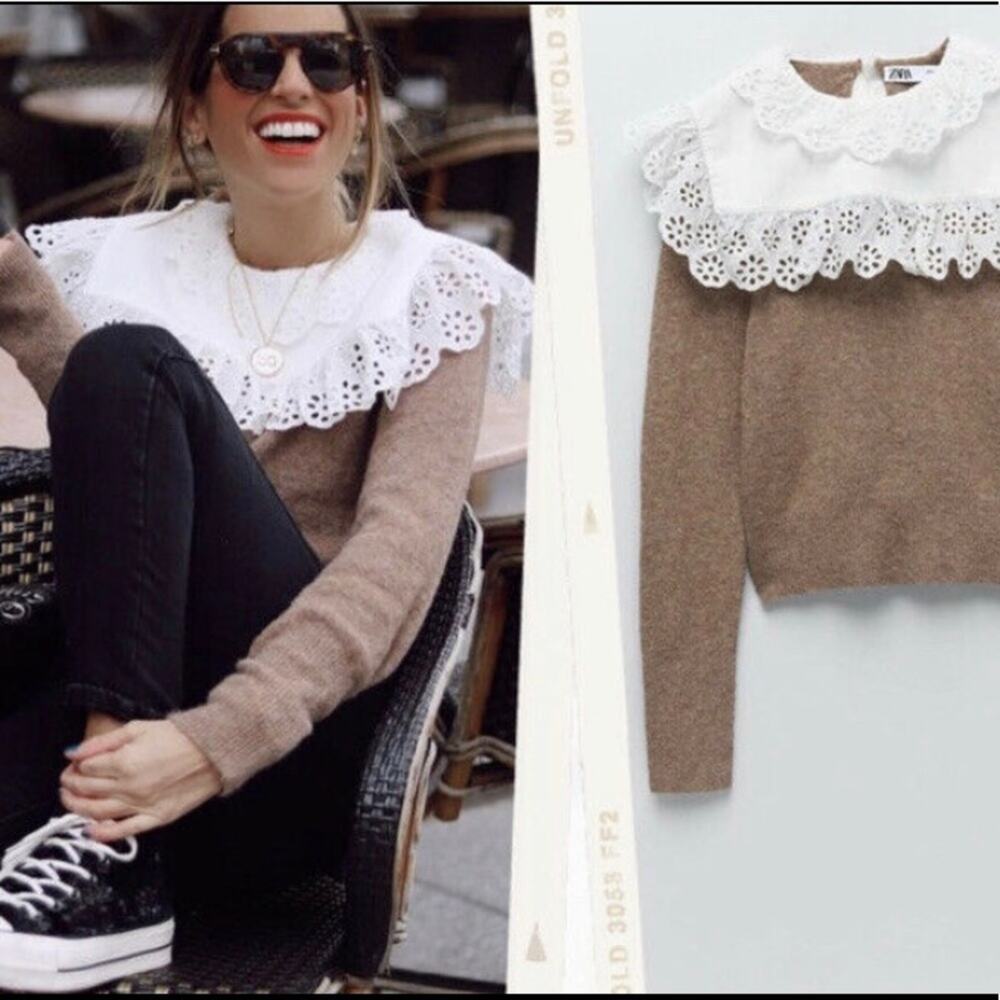 Zara wool blend brown sweater with contrasting collar Small